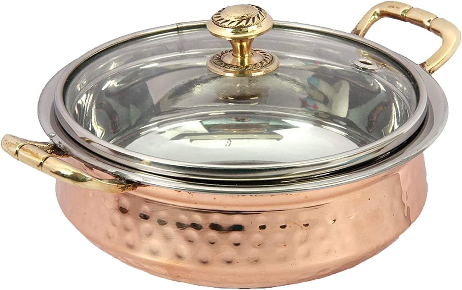 Aakrati Set of Indian hammered copper stainless steel serving bowl for food soup with handle and glass lid decorative seveware (6 inch dia, 1, Count)