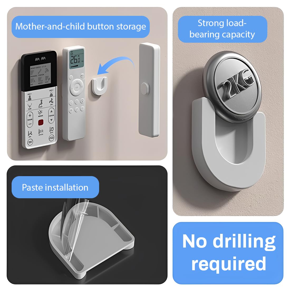 4 Pezzi Supporto per Telecomando da Parete, Supporti Magnetico per Telecomando, Autoadesivo Porta Telecomandi da Parete, Supporto Magnetico da Parete per TV, Prese