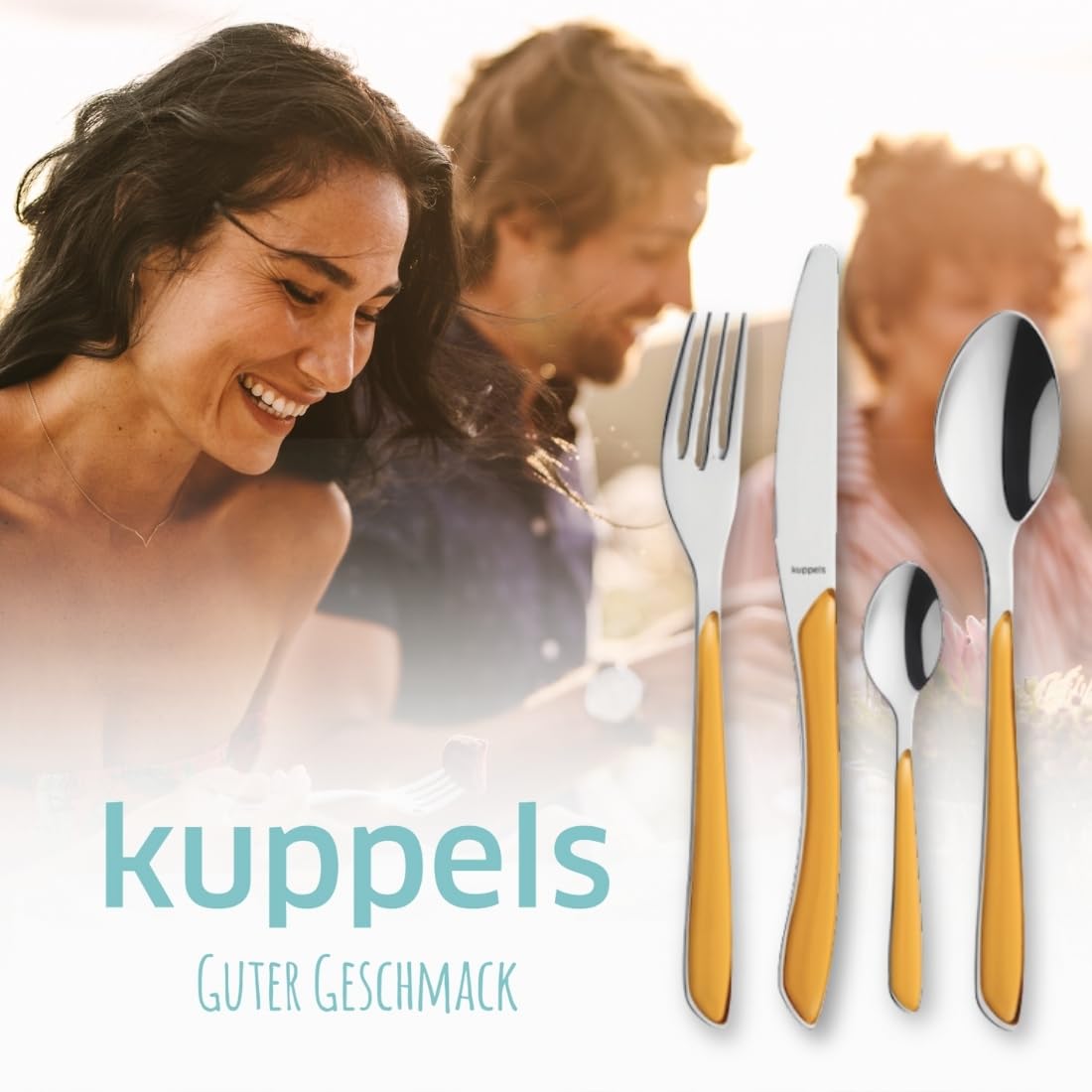 Kuppels Prisma Set di posate per 6 persone, in acciaio inox lucido, 24 pezzi, manici in plastica di alta qualità in curry, antiruggine, posate per 6 persone, lavabili in lavastoviglie