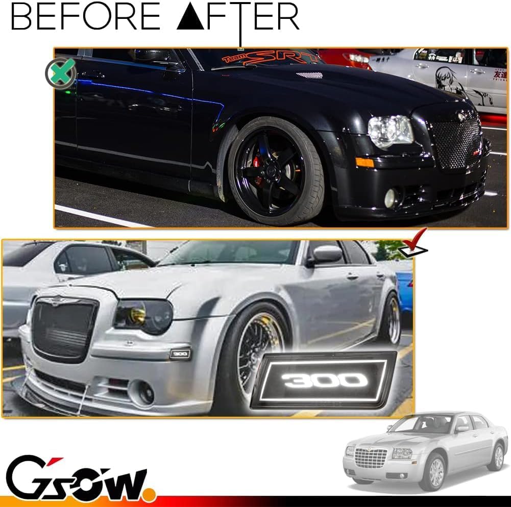 2 PCS White LED Side Marker Light for Chrysler 2005-2014 300 300C, [with 300" Badge] Smoked Lens Front Turn Signal Indicator Blinker Lights, 45-SMD LED Sidemarker Lamps - White