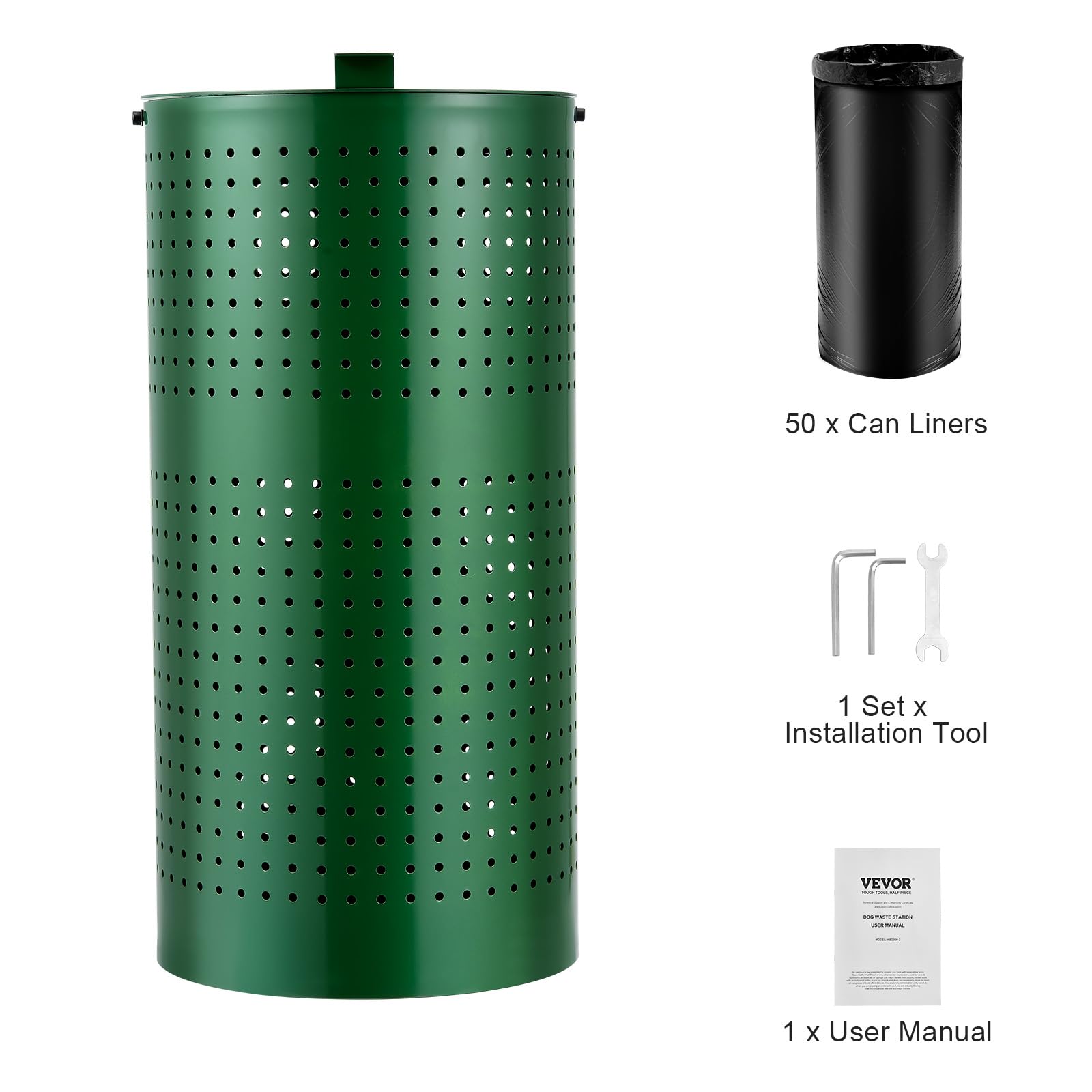 VEVOR Bote de Basura para Excrementos de Perro de 43 L con 50 Bolsas de Revestimiento, Tapa y Clip de Revestimiento para Contenedor de Eliminación de Desechos de Mascota para Jardín, Patio, Parque
