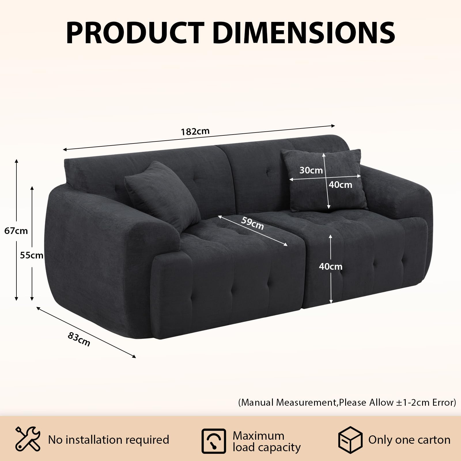 COMHOMA Divano a 2 posti, 180 x 86 x 40 cm. Divano a Terra con Schienale, Cuscini e Braccioli. Divano Moderno in Tessuto per Soggiorno, Appartamento o Ufficio. Non Richiede Montaggio. Grigio