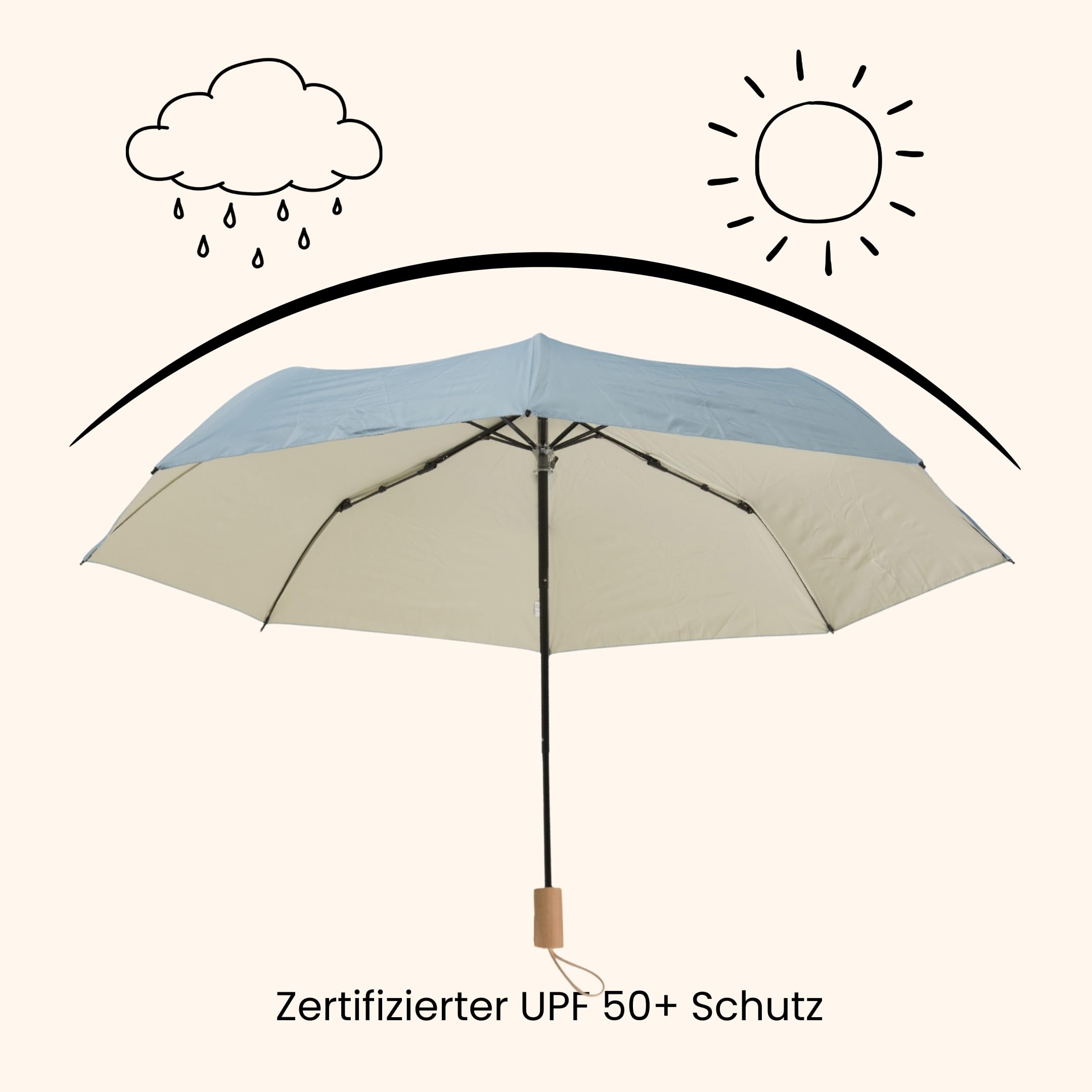 UV Taschenschirm UPF 50+, zweifarbig, mit elegantem Holzgriff