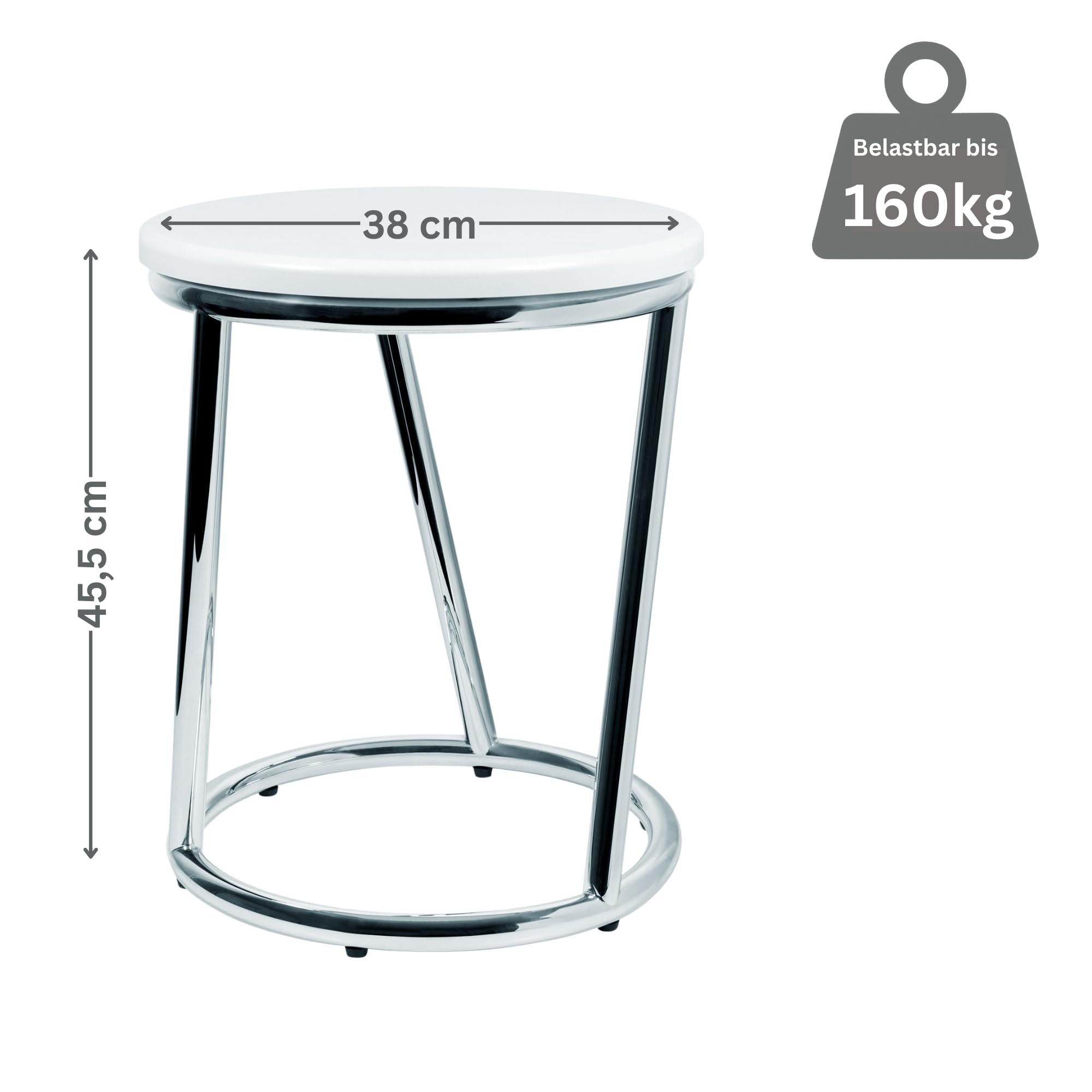 Badhocker Salina – runder Sitzhocker aus Metall Chrom glänzend – Stabiler Hocker mit weißer Sitzfläche im Bar Stool Design – vielseitiger Bad- & Küchenhocker, Schemel, Sitzbank