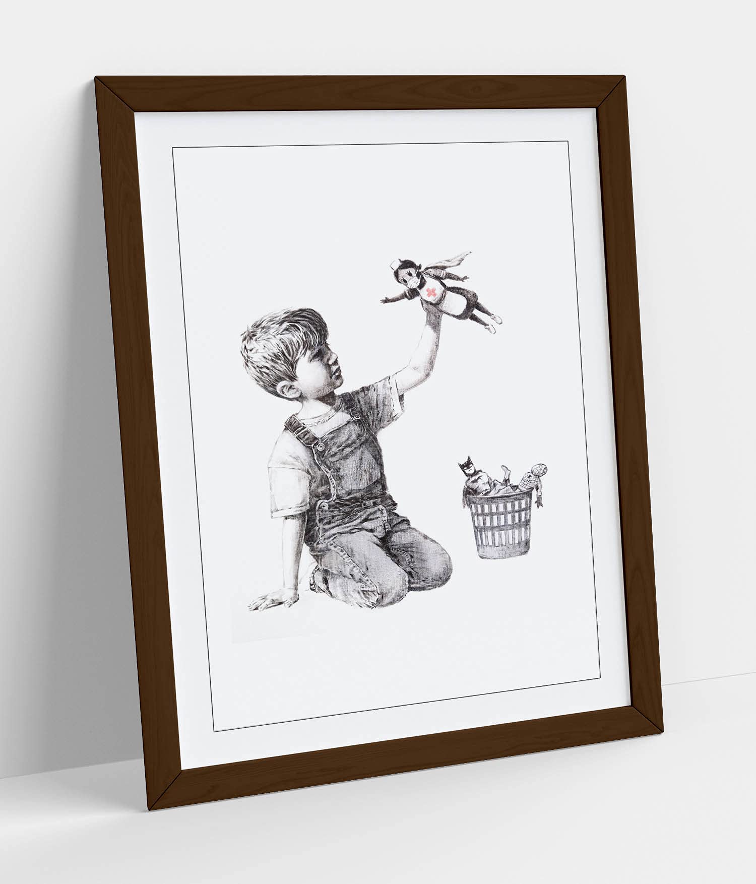 Canvasartshop Walnut - Banksy Superhero Nurse- Premium Wall Art Framed Picture Prints - 3 Colours - 4 Sizes (, A4)
