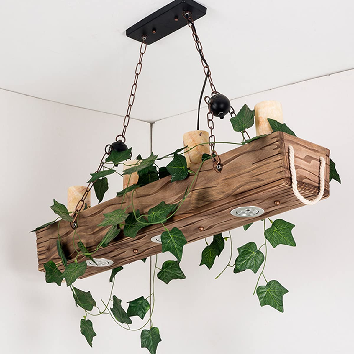 LED Rétro 4 Lumières Design Pendentif Lampe Bois Massif Rustique Restaurant Décoration Suspension Lampe À Hauteur Réglable Salon Grenier Pendentif Lumières Cuisine Table À Manger Étude Lustre 100Cm