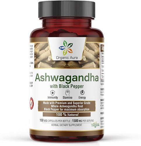 Organic Aura International Ashwagandha con Cápsulas de Pimienta 1500mg -150 Cápsulas Vegetales. Sin OGM - Sin gluten.