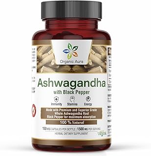 Ashwagandha with Pepper Capsules 1500mg -150 Veg Capsules. Non GMO - Gluten Free.