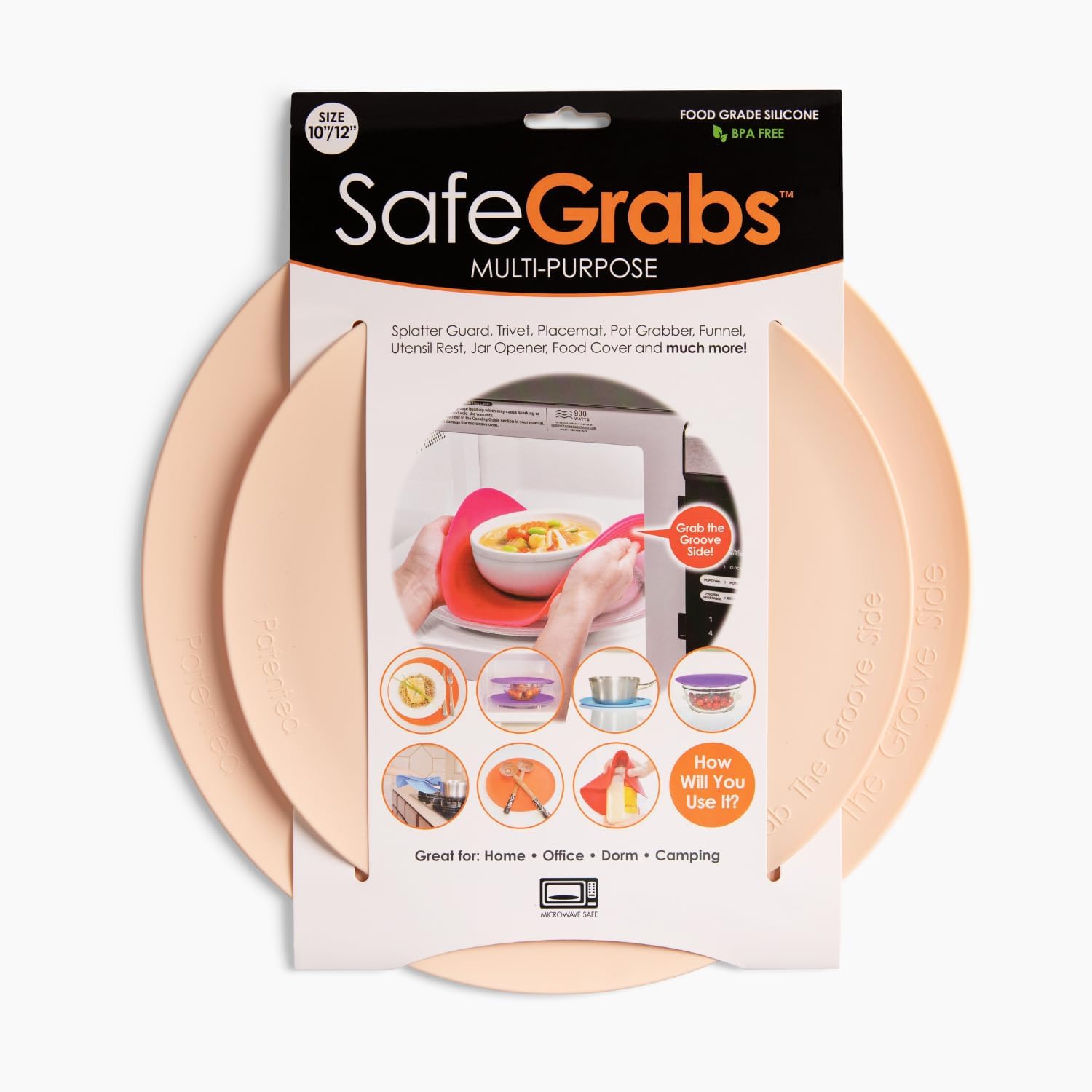 Safe Grabs: Multi-Purpose Silicone Original Microwave Mat as Seen on Shark Tank | BPA Free, Heat Resistant, Dishwasher Safe, Set of 2, Peach