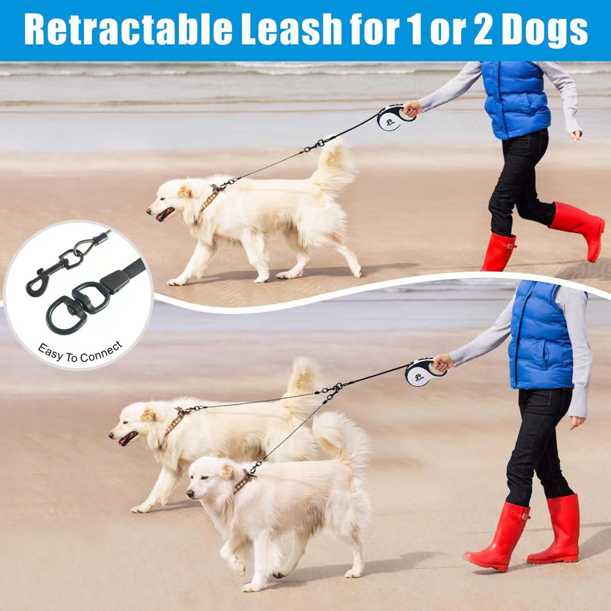 Laisse rétractable pour chien de 8 m avec 2 câbles anti-mastication en acier double extensible pour chiens de taille moyenne et grande pesant jusqu'à 50 kg