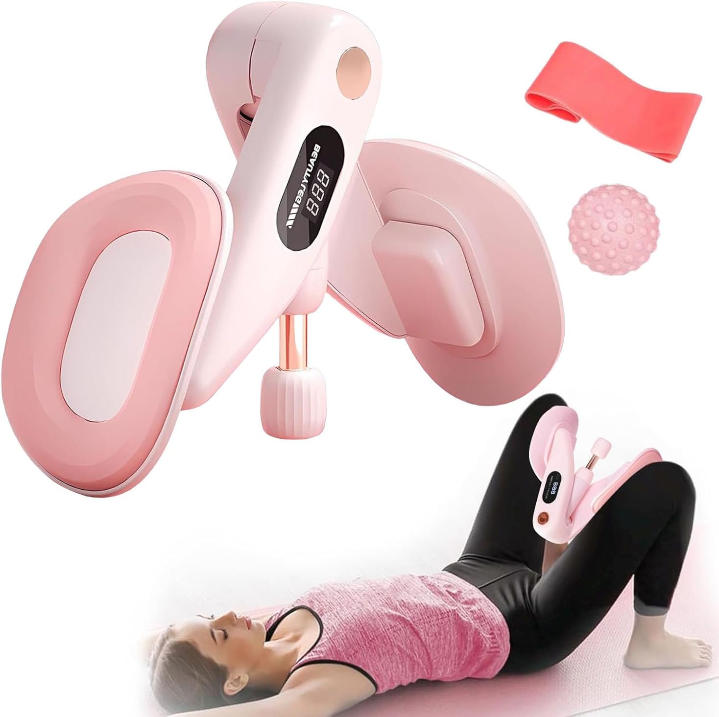 Angju Thigh Master Hip Trainer, Kegel Exerciser for Pelvic Floor Muscle Inner Thigh Exerciser with Resistance Band Massage Ball for Home Workout Postpartum Training Glutes Booty Arms Bac