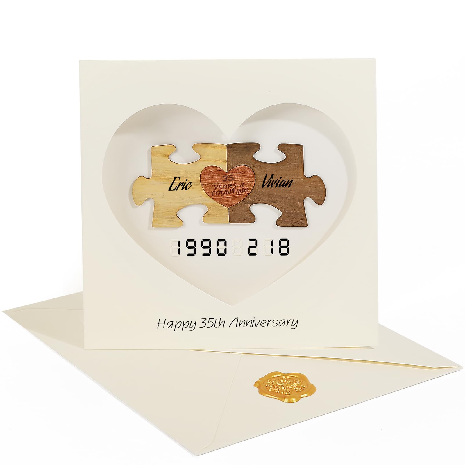 CEHYAEL 35 Years Anniversary Card, Handmade 35th Pearl Wedding Anniversary Wooden Puzzle Greeting Card Gifts for Men Woman, DIY the Name and Date on