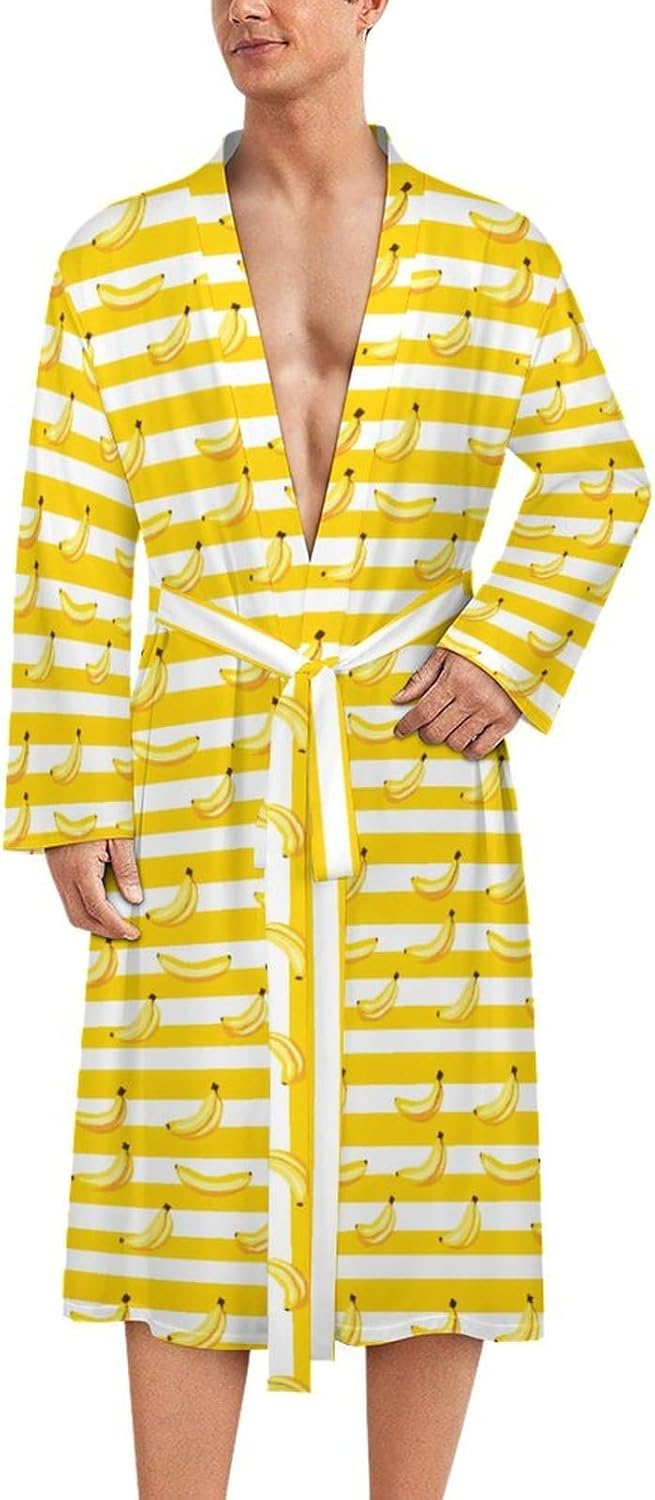 Banana Yellow White Stripes Mens Robe Long Bathrobe for Women Bath Robes Lightweight Soft Printed Sleepwear