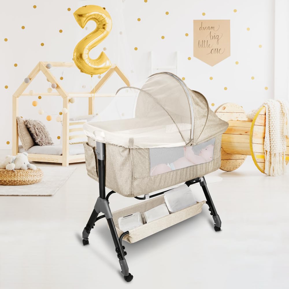 Lit Bébé Cododo Berceau avec Matelas Mode Bascule Côté Repliable Hauteur Réglable 0-24 Mois 50kg 104x52x100-110 cm Blanc Cassé