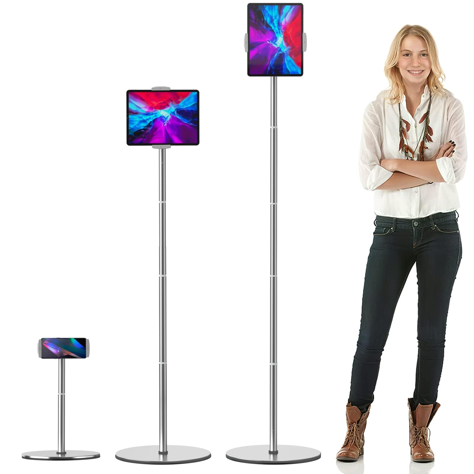 Tablet Floor Stand, Height Adjustable (16.5-66.1 inch), 360 gradi rotante, alluminio lega Cradle Mount Dock for 4.7"-12.9" Screen iPhone Samsung, iPad, Kindle, eBook Reader (bianco)