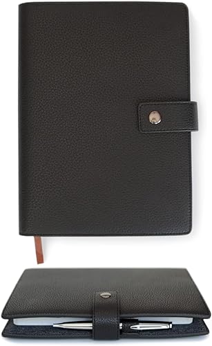 CASE ELEGANCE Funda de Diario de Cuero Premium de Grano Completo Negro Recargable con Cuaderno Rayado A5 - Cuero DURA-Leather Resistente a Rayones