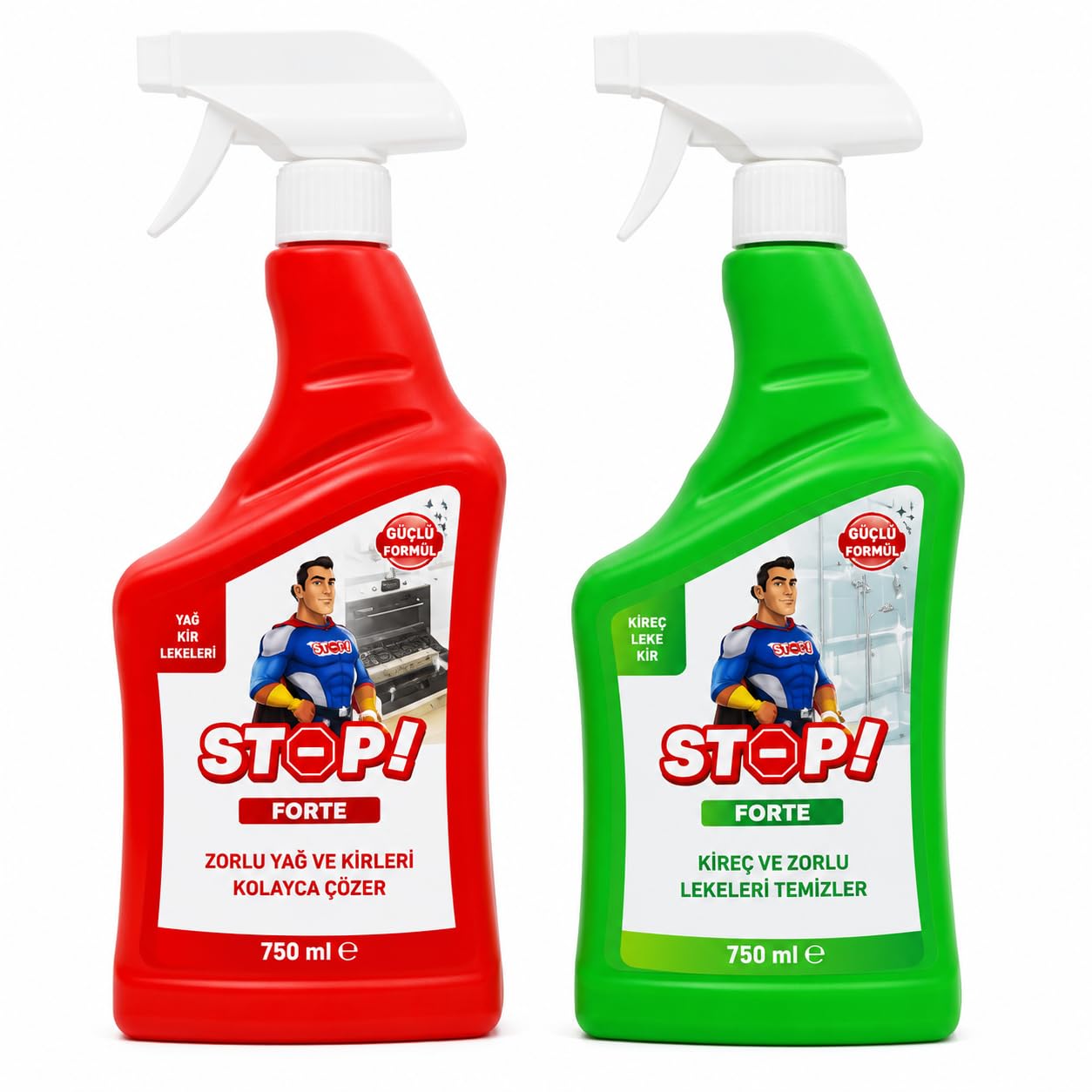 STOP Forte Fettlöser & Kalkreiniger Set (2 x 750 ml) – Küchenreiniger + Badreiniger – Fett-, Schmutz- & Kalkentferner – Türkisches Reinigungsmittel – Yağ Çözücü ve Kireç Temizleyici