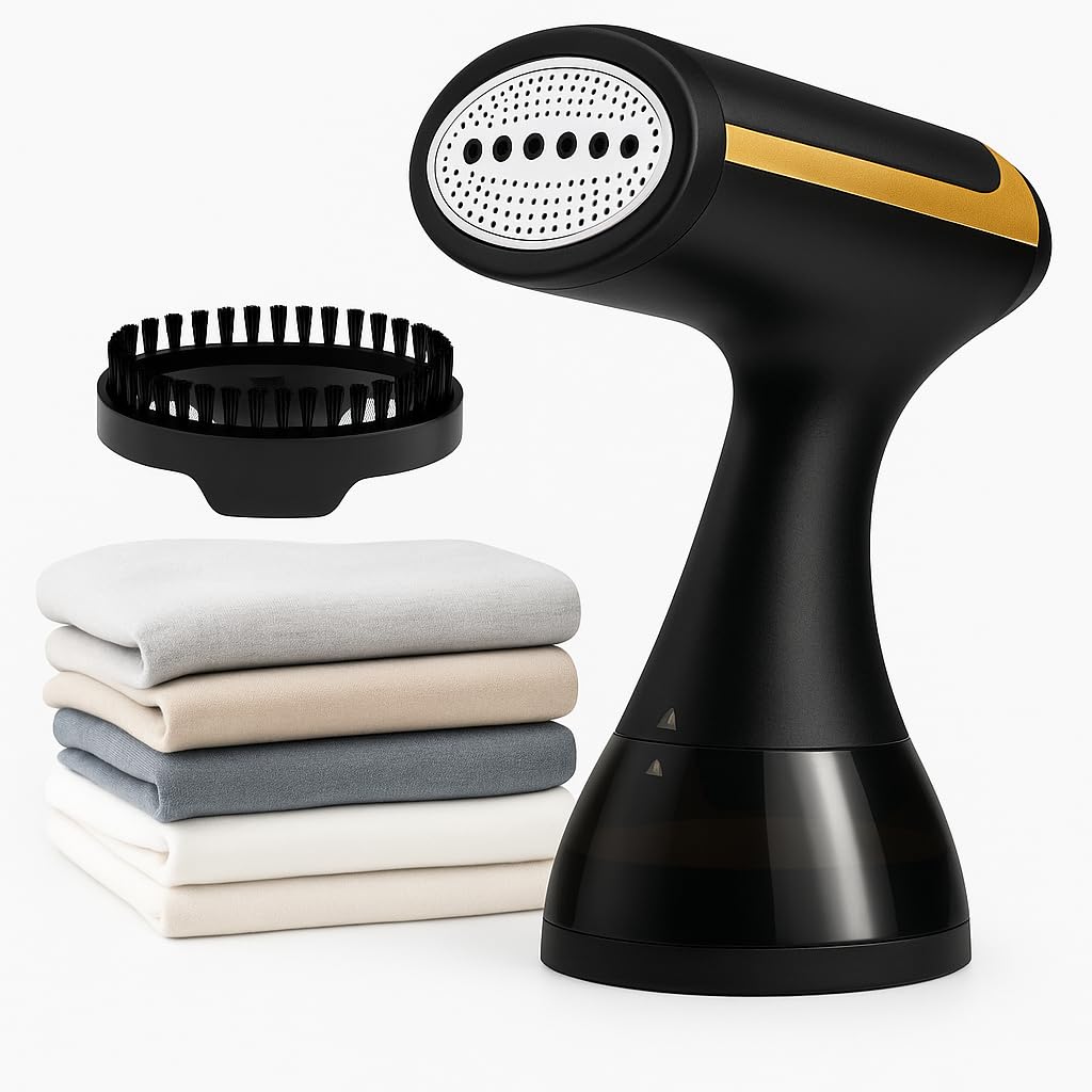 Défroisseur Vapeur Portable 1500W – Réservoir 300ml – Chauffe Rapide & Compact – Défroisseur à Main Puissant pour Vêtements, Chemises, Robes, Rideaux – Idéal Voyage et Maison – Noir & Doré