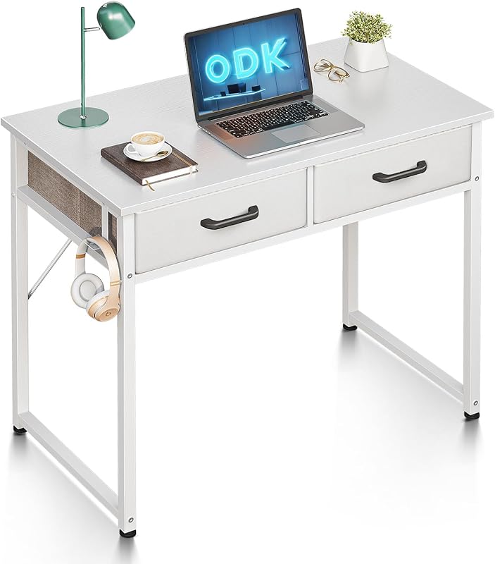 ODK Fehér kis íróasztal 2 fiókkal fejhallgatótartóval 80 x 40 x 78,7 cm irodába otthonra