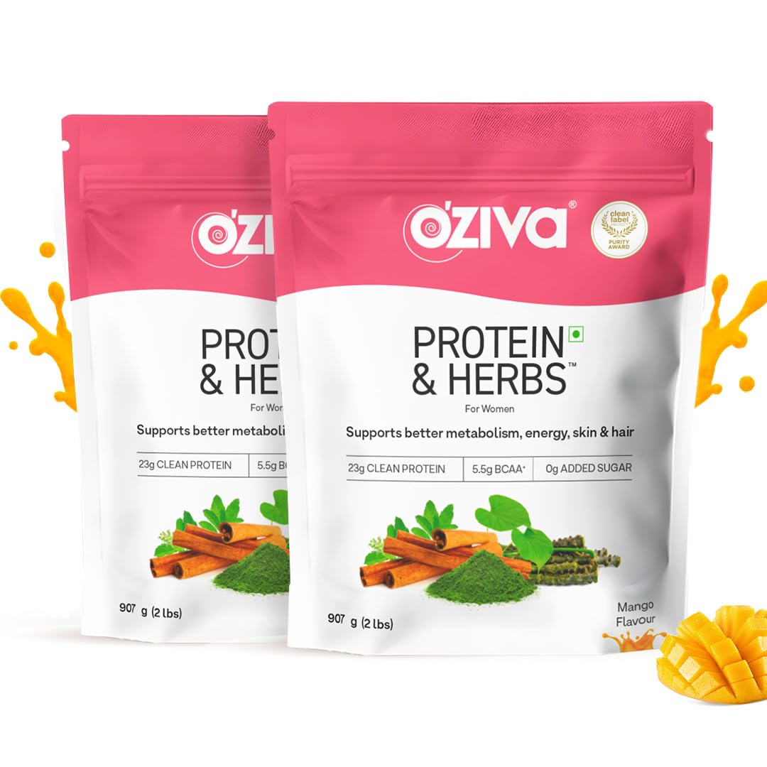 OZivaProtein & Herbs for Women (Mango) to Reduce Body Fat, Manage Weight & Metabolism | Protein Powder for Women with 23g Whey Protein, No Added Sugar, Certified Clean 4 lbs