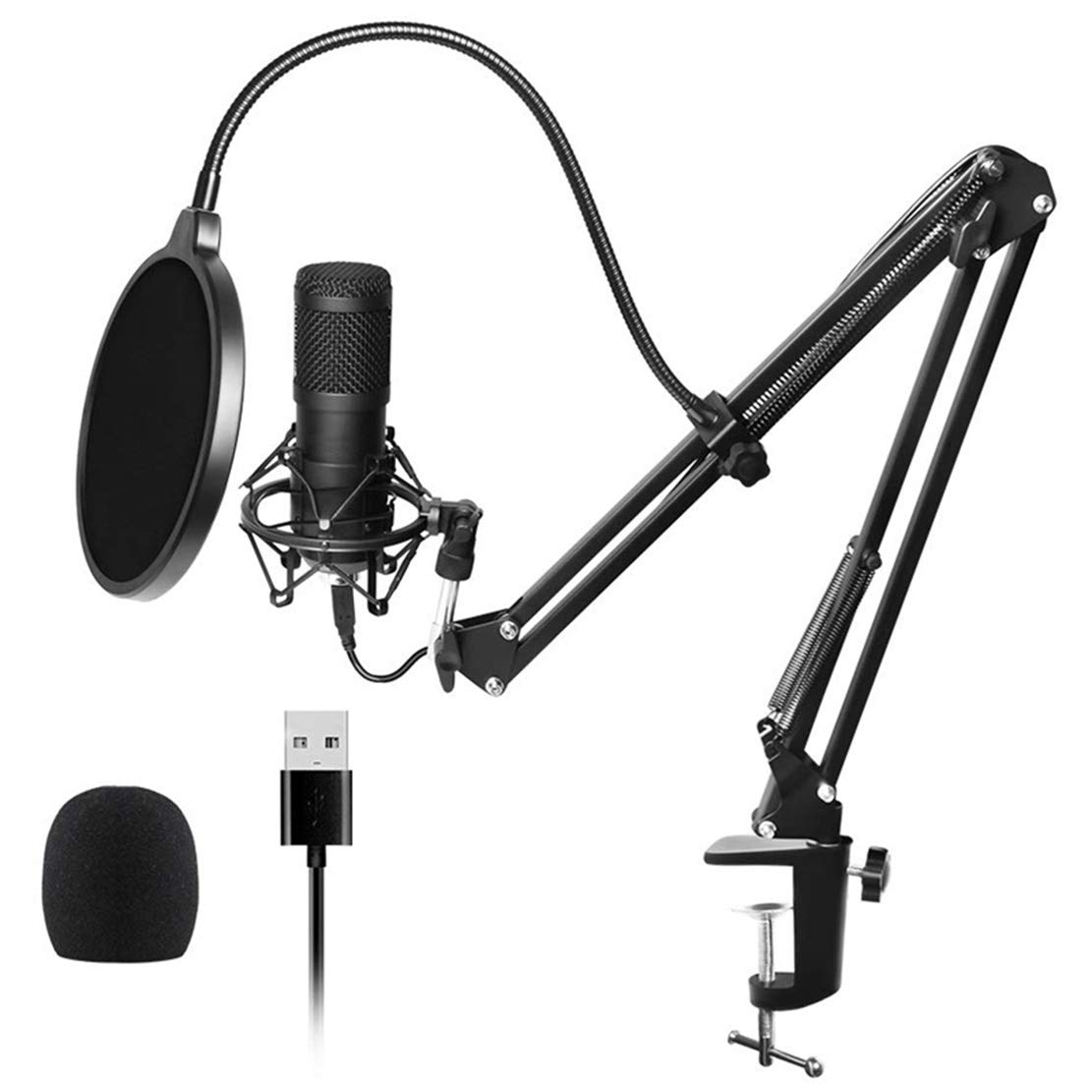 AKT USB Streaming Podcast Ordenador Personal Micrófono Estudio Profesional Kit de Micrófono de Condensador Cardioide con Filtro de Montaje con Amortiguador de Brazo de Pluma