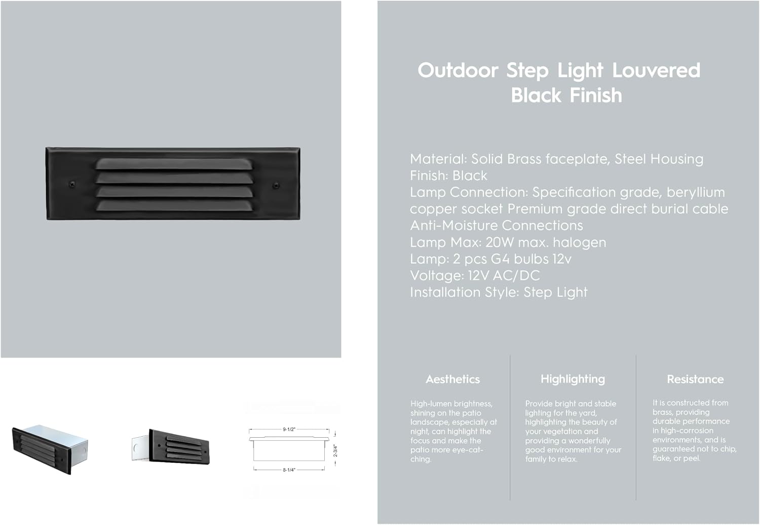 Outdoor Step Light Black Finish Louvered Brass Faceplate Steel Box Low Voltage 12V LED Garden Patio Backyard Landscape Lighting