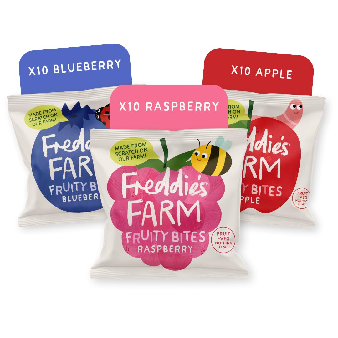 Freddie’s Farm Kids Snacks | Fruit Snacks Multipack - Raspberry, Blueberry, Apple Bites | Lunchbox Snacks For Kids | 100% Fruit & Veg | UPF Free, Recyclable Packs & Made in the UK | 30 x 20g Bags