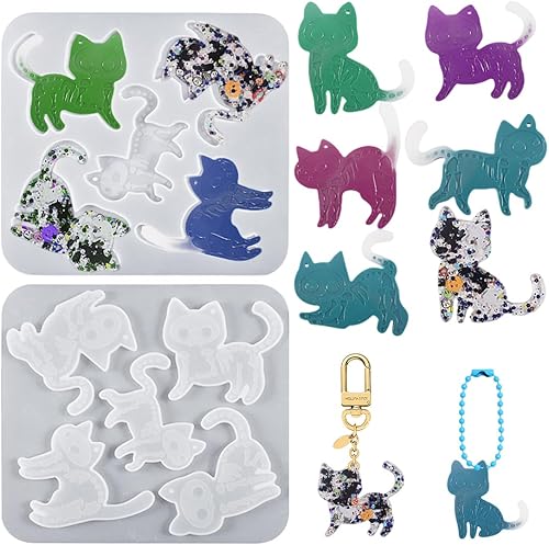 Voyyphixa 5 moldes de resina para gatos, esqueletos de gato, moldes de silicona para aretes de resina epoxi con agujero, molde de fundición de