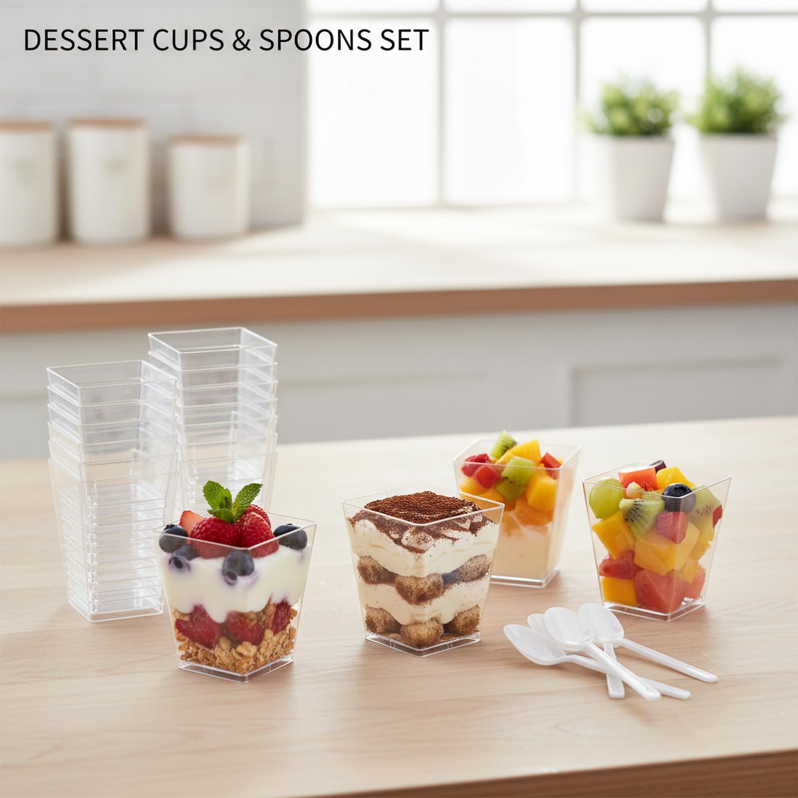 50 Pezzi Coppe da Dessert in Plastica Riutilizzabile, 160ml Tazze Quadrate Trasparenti con Forchette per Semifreddo, Antipasto - Scatole Portata Sicure senza BPA per Feste, Casa