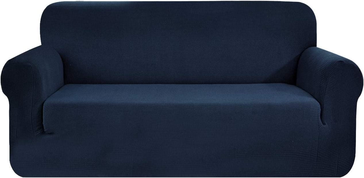 SAMSTEX Stylish Sofa Covers 4 Seater High Stretch 1-Piece Slipcovers Thick Soft Sofa Protector Machine Washable Non-Slip Couch Covers (Navy Blue)