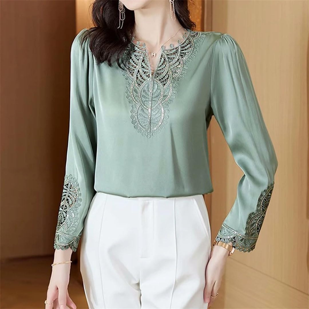 Blusas de seda para mujer, de manga larga, bordadas, elegantes, para oficina, diseño retro