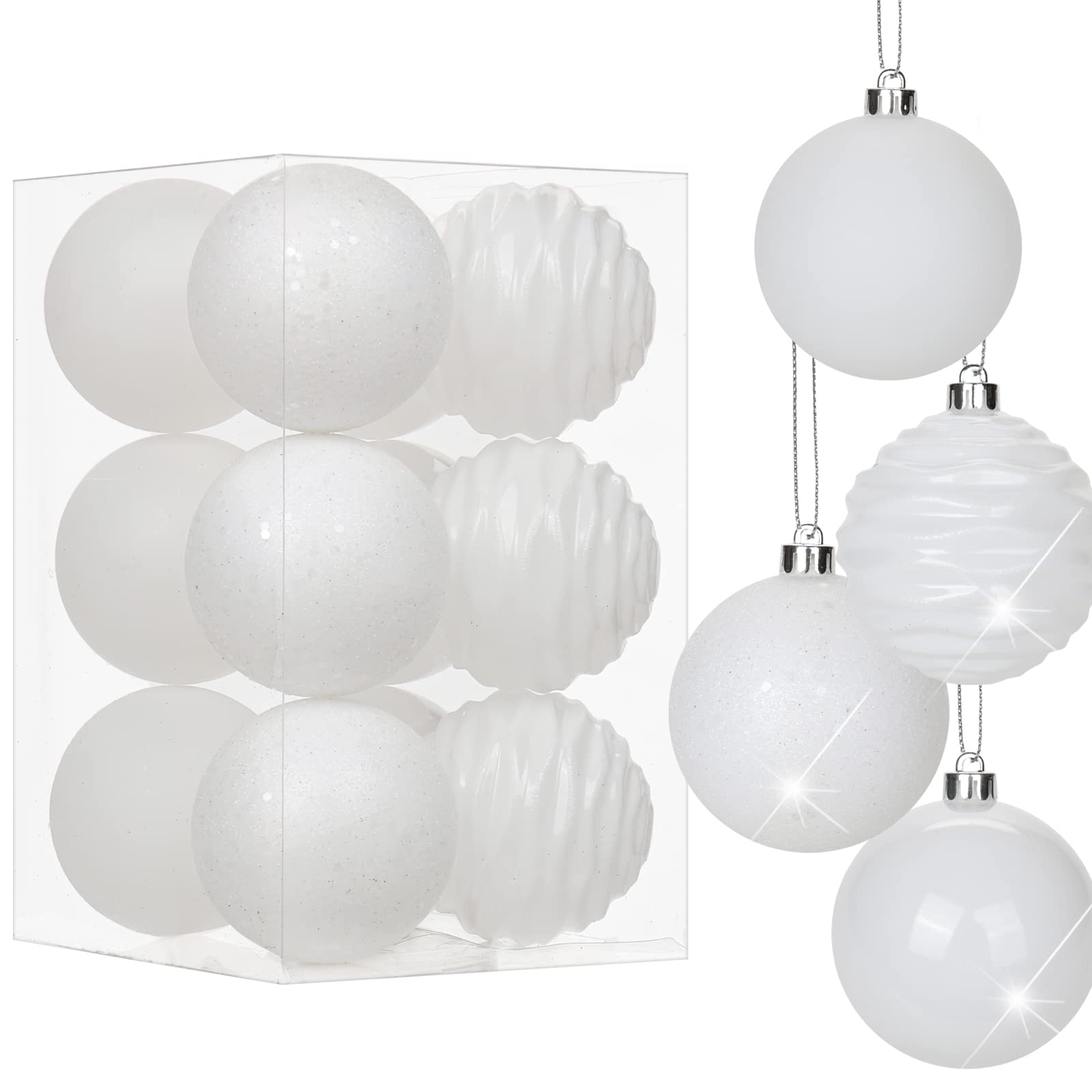 Oairse 8cm/3.15" White Christmas Baubles 12 pcs Shatterproof Tree Ornaments with Hanging Strings, Large Christmas Tree Decorations Set for Wedding Holiday Party Wreath Xmas Halloween Home Decor