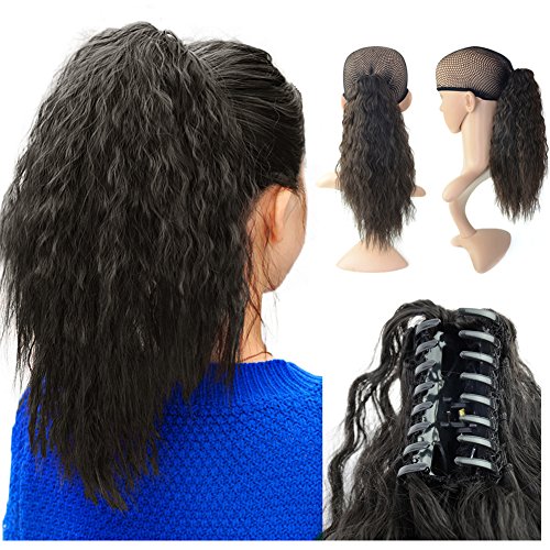 Beauty Angelbella 15 inch Ponytail Extension Yaki Wavy Curly Synthetic Hair Hairpieces with Jaw Clip for Women Black
