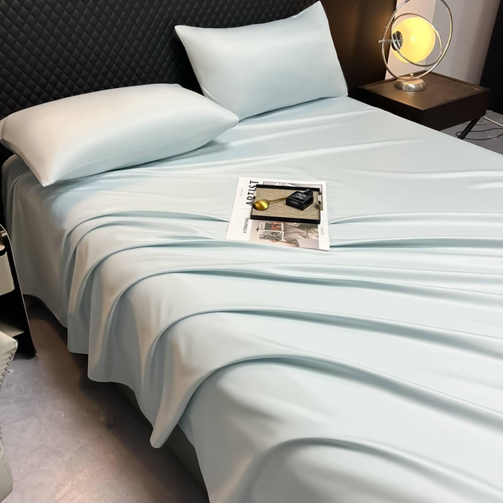 Set di Lenzuola e Federe, 230x230cm Lenzuola Tinta Unita in Poliestere + Seta Confortevole Morbido Traspirante, Lago Blu (con 2 federe)