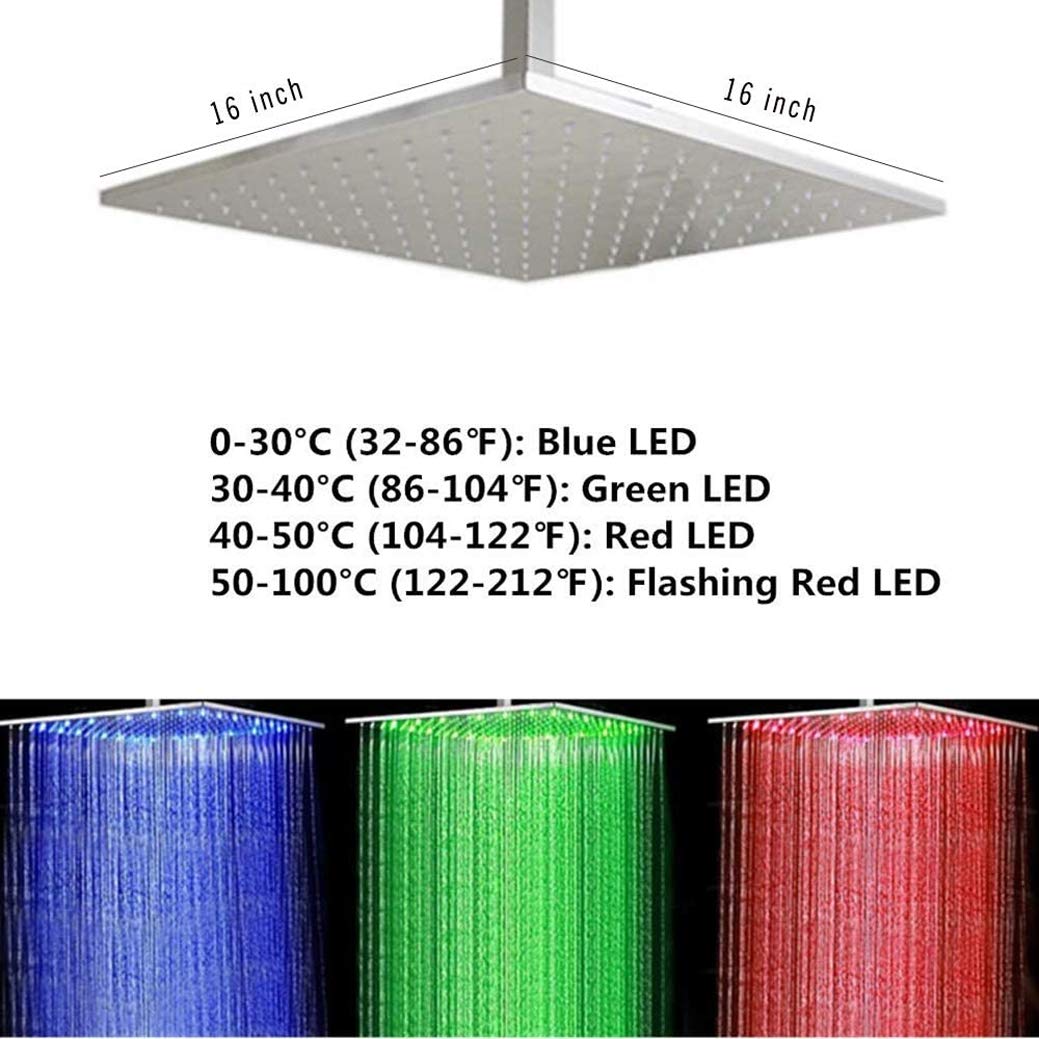 System natryskowy, termostatyczny, mosiądz szczotkowany, nikiel, 10-16 cali, sufitowy system natryskowy LED z deszczownicą, 6 strumieniami wody i zestawem prysznicow,16 Inch