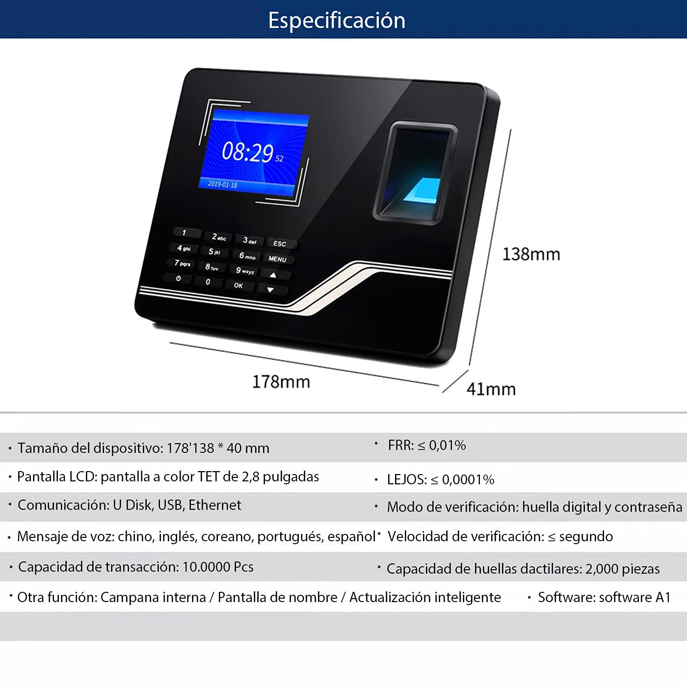 Aktivstar Maquina Asistencia Empleados de Fichar Máquina de Fichaje Biométrica para Empleados con Huella Dactilar, RFID y Pin, Sistema en Español para Control de Horario Sin Cuotas Mensuales