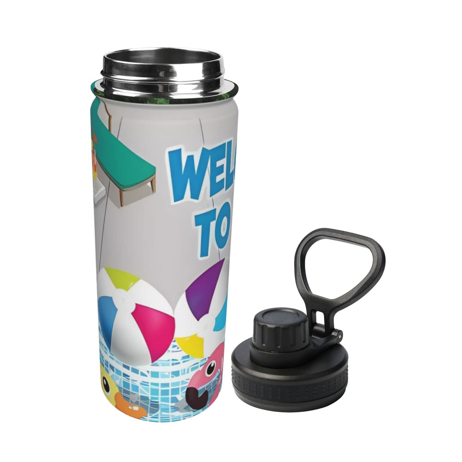 Flamingo und Schwimmbad-Sport-Wasserflasche, 510 ml, isolierte Edelstahl, auslaufsichere Wasserflasche für Reisen, Fitnessstudio, Büro