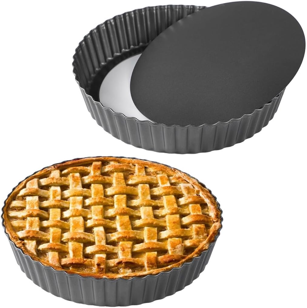 Tart Quiche Pans Baking Dish Accessories, 2 Sets Round Fluted Carbon Steel Non-Stick Tart Pans with Removable Bottom, Pie Tins 11 in