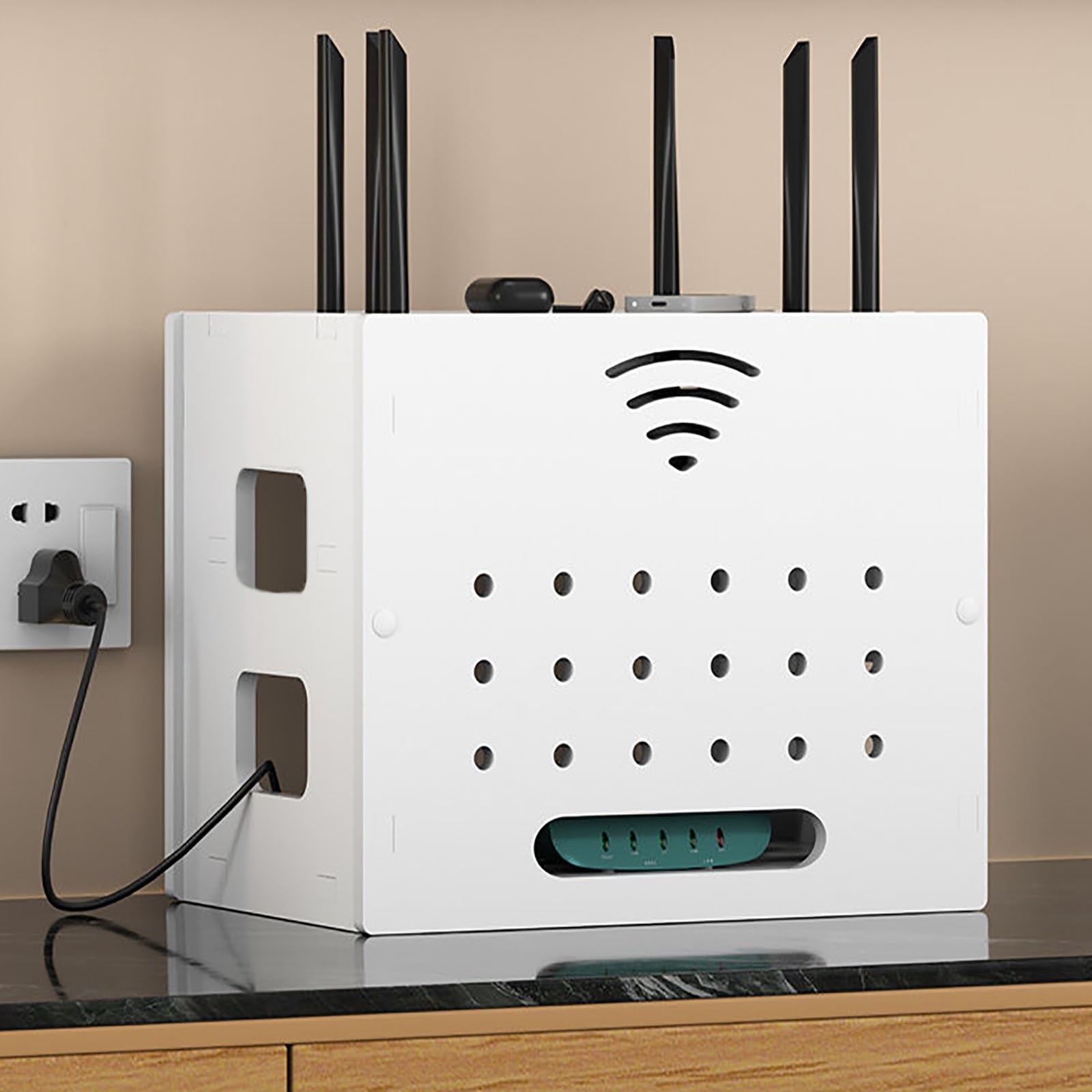 Caja WiFi de escritorio con estantes ocultos para organizar enrutador y multimedia