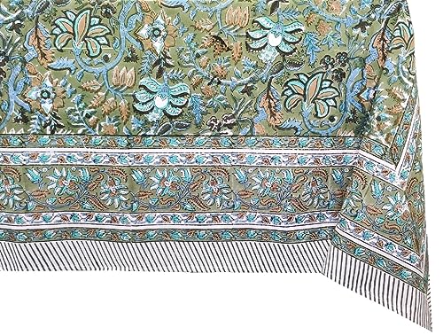 ATOSII Eden Green100% Cotton Boho Square Handblock Print Floral Tablecloth I Dining Table Linen I Parties, Wedding, Outdoors, Thanksgiving I Spring Summer 60 X 60 Inches