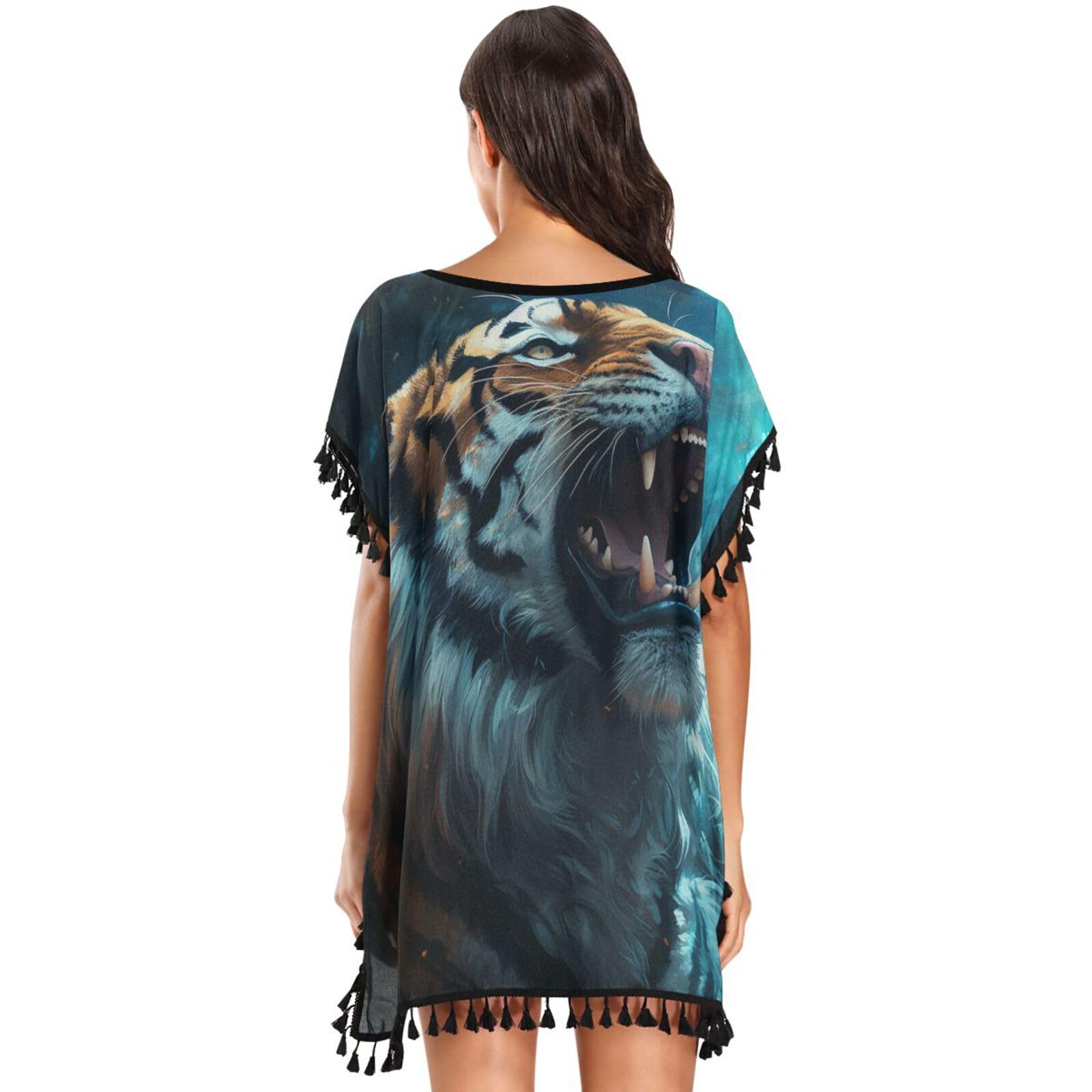 Blue Tiger Howling Dark Space Women's Beach Cover Up Chiffon Tassel Swimwear Swimsuit Coverups for Girl