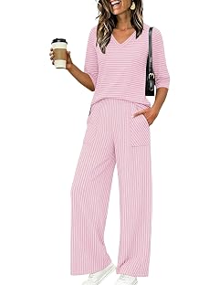 LOMON Womens 2 Piece Lounge Pajama Sets Soft 3 4 Sleeve Tops and Wide Leg Pants Loose Casual