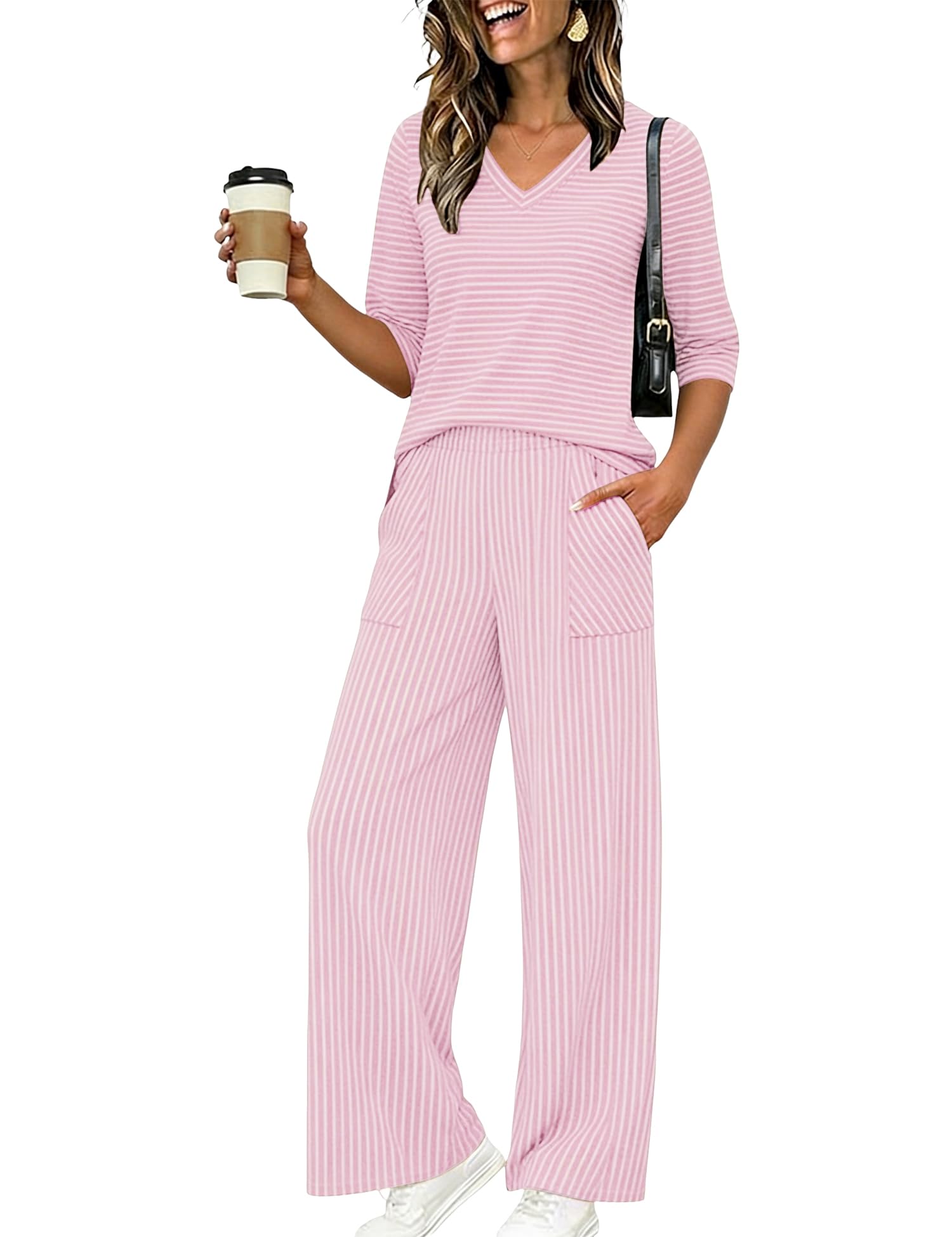 LOMON Womens 2 Piece Lounge Pajama Sets Soft 3 4 Sleeve Tops and Wide Leg Pants Loose Casual