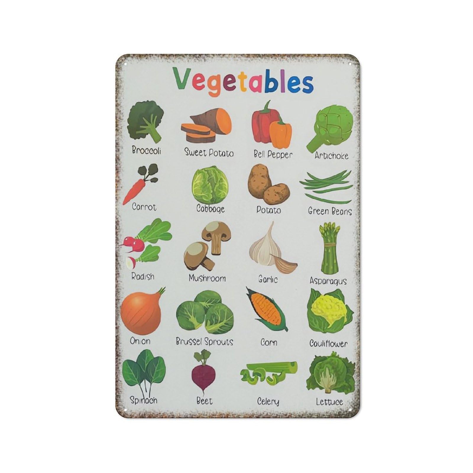 Vegetable Print Classroom Wall Art Retro Metal Poster Rustic Simple Style Decor Sign for Farmhouse Home Kitchen Wall Decoration 8x12 Inch