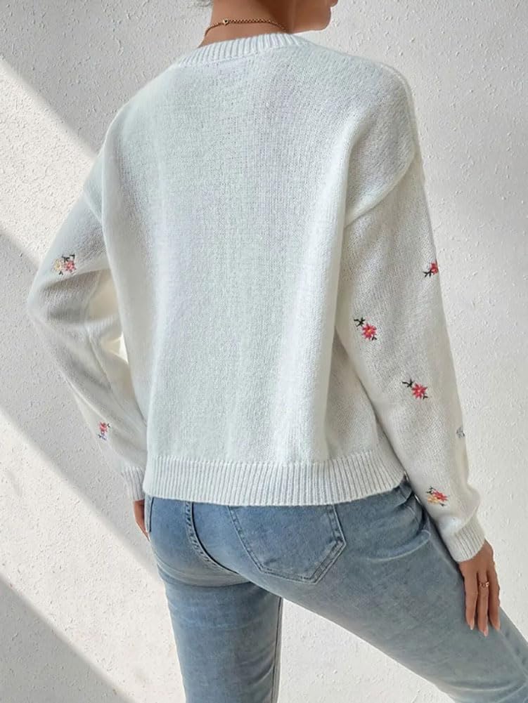 Women's Cute Ditsy Floral Embroidered Sweater Loose Fit Crewneck Ribbed Knit Jumper Pullover Tops - Image 3