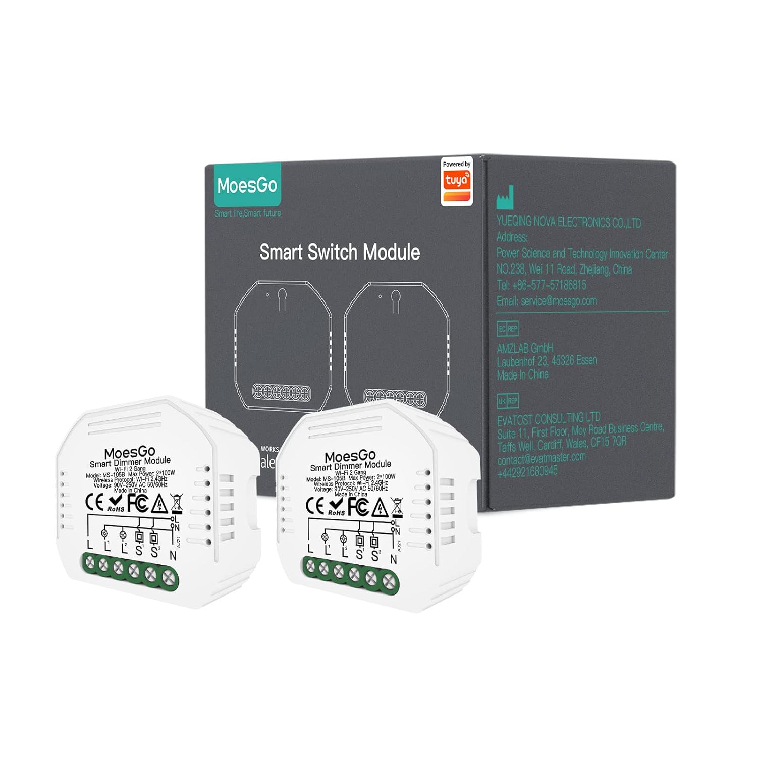 MoesGo WIFI Smart Dimmer Switch Module for Smart Living Tuya App Alexa Google Home, 2GANG, Pack of 2