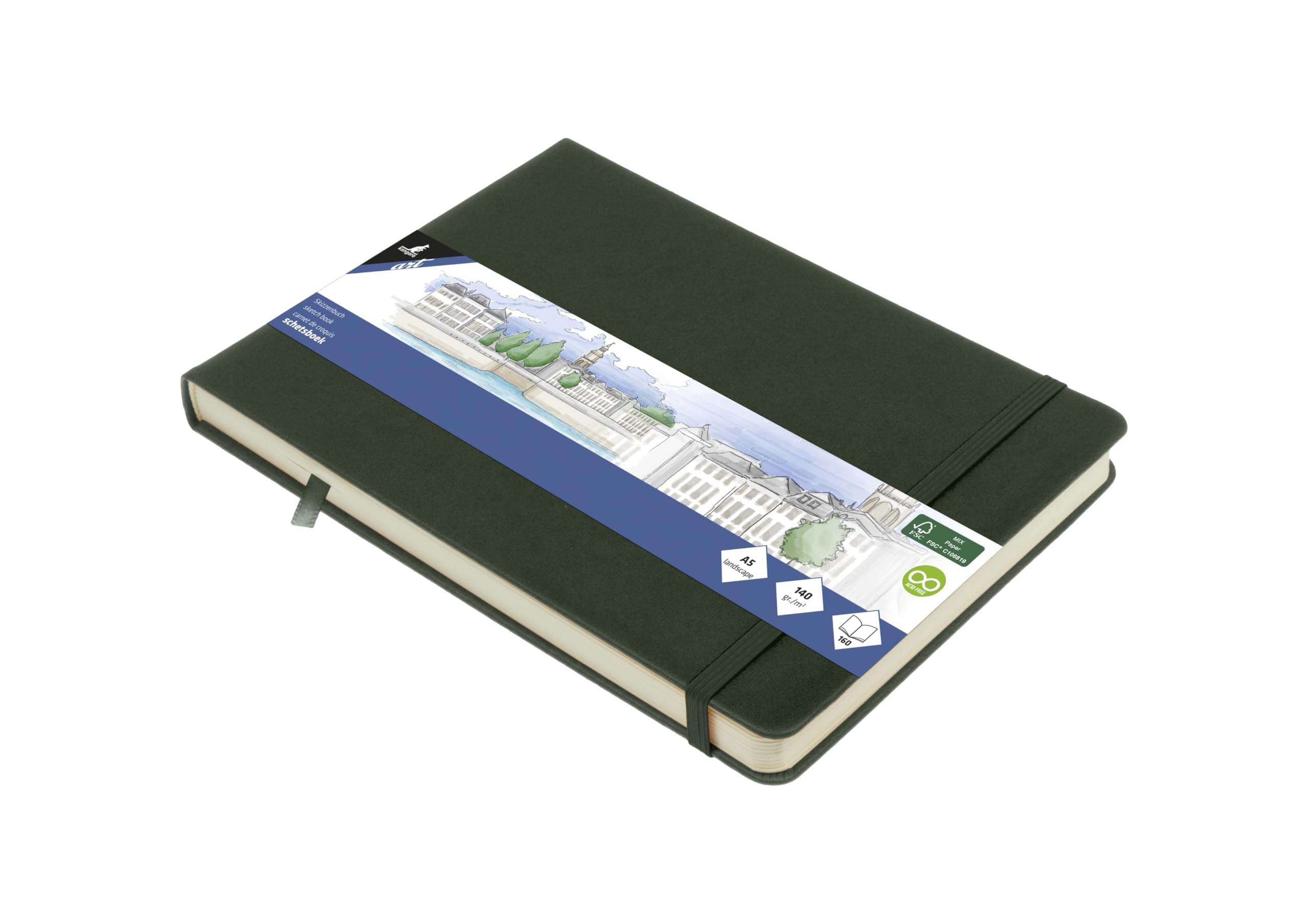 Sketchbook Kangaro A5 Landscape Forest Green PU Hard Cover 80 Sheets 140 g Cream Paper with Elastic Band and Ribbon