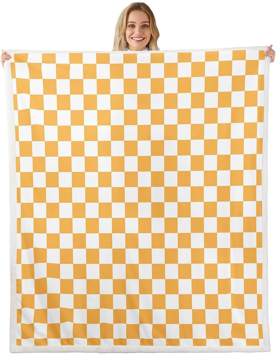 Yellow White Plaid Fleece Blanket,Geometric Grid Throw Blanket for Sofa Adults,Modern Lattice Checkerd Soft Blanket Bed Couch,Queen (90 x 90 Inches)
