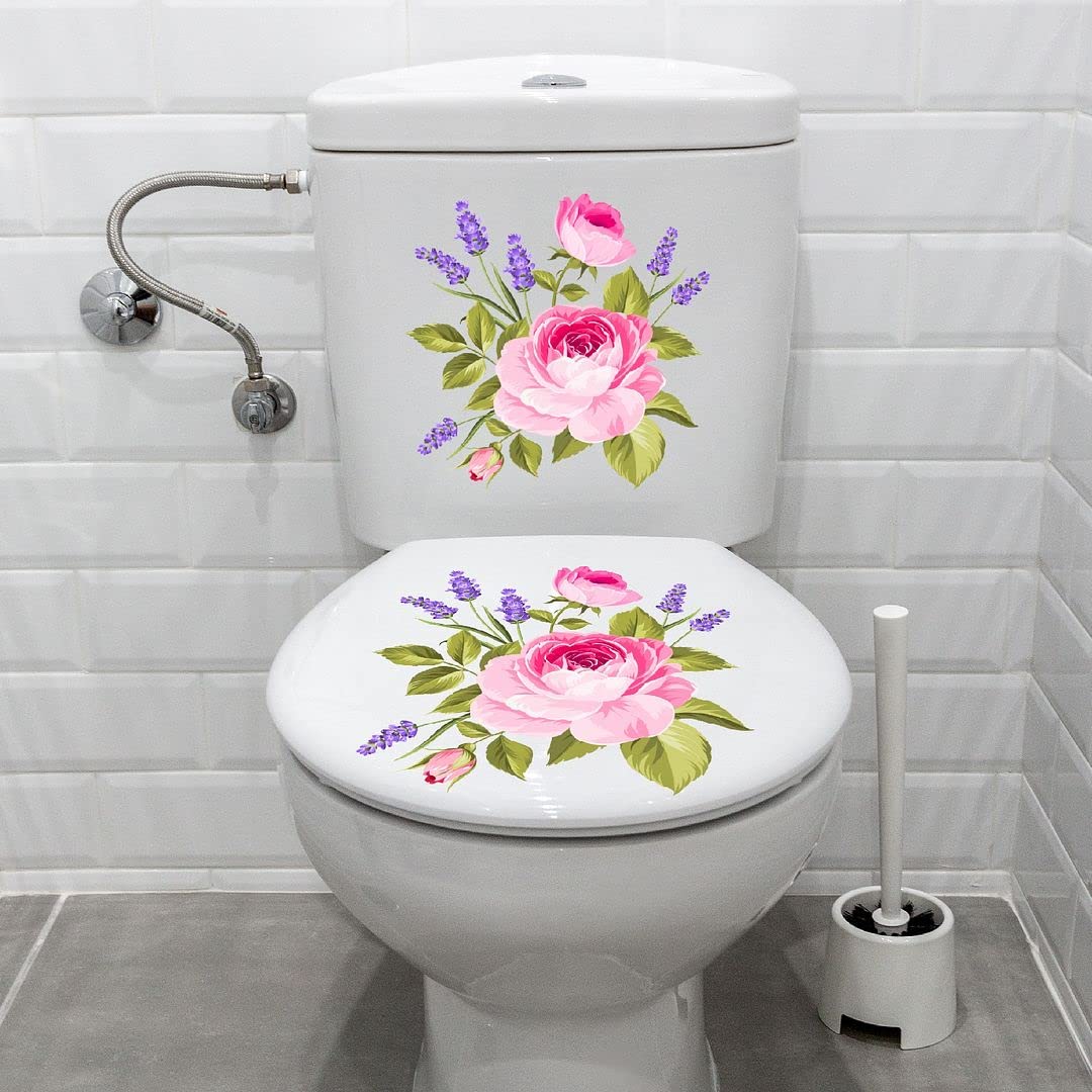 CVANU Pink Rose and Green Leaf Design Toilet Seat Stickers02 Decals Self-Adhesive Removable PVC Vinly (10x10) inch, Pack of 2 2