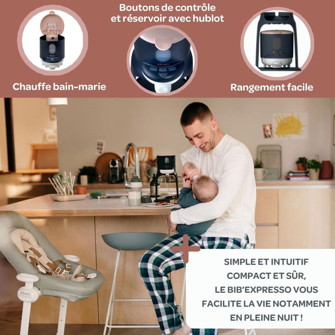 BÉABA, Préparateur-Chauffe Biberon/Petits Pots, Distributeur d'eau à Température Exacte, Instantané, Rapide, Fonction Bain Marie, 2 Températures, Chauffe biberon Amovible, Bib'Expresso, Bleu Nuit